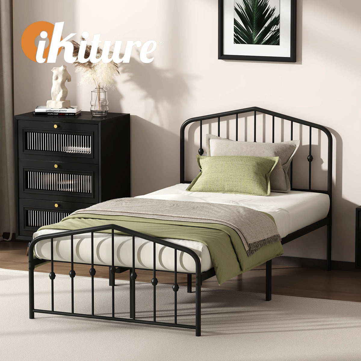 Oikiture King Single Metal Bed Frame Headboard Footboard Platform Bed Base Black