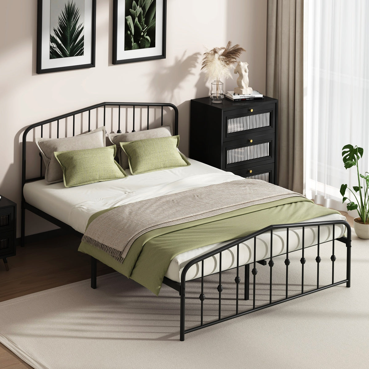 Oikiture Queen Metal Bed Frame with Headboard Footboard Platform Bed Base Black
