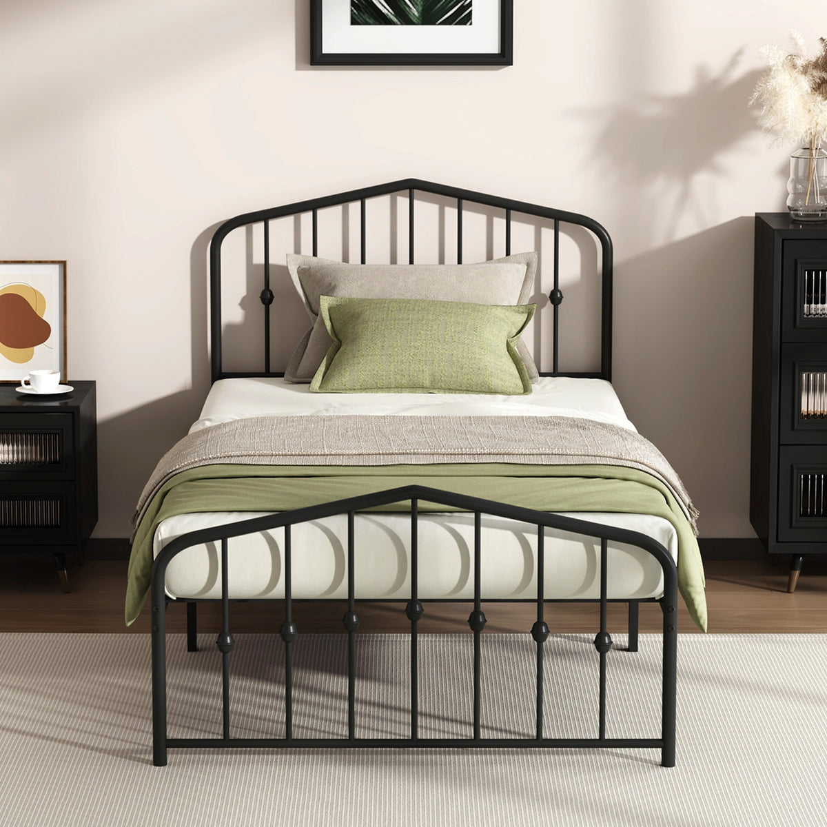 Oikiture Single Metal Bed Frame with Headboard Footboard Platform Bed Base Black