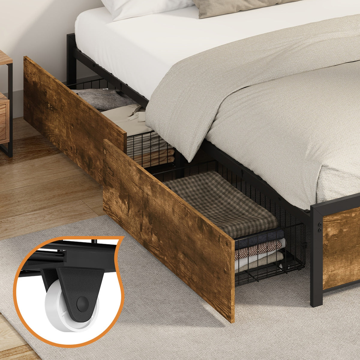Oikiture Double Metal Bed Frame with 4 Storage Drawers Platform Bed Base