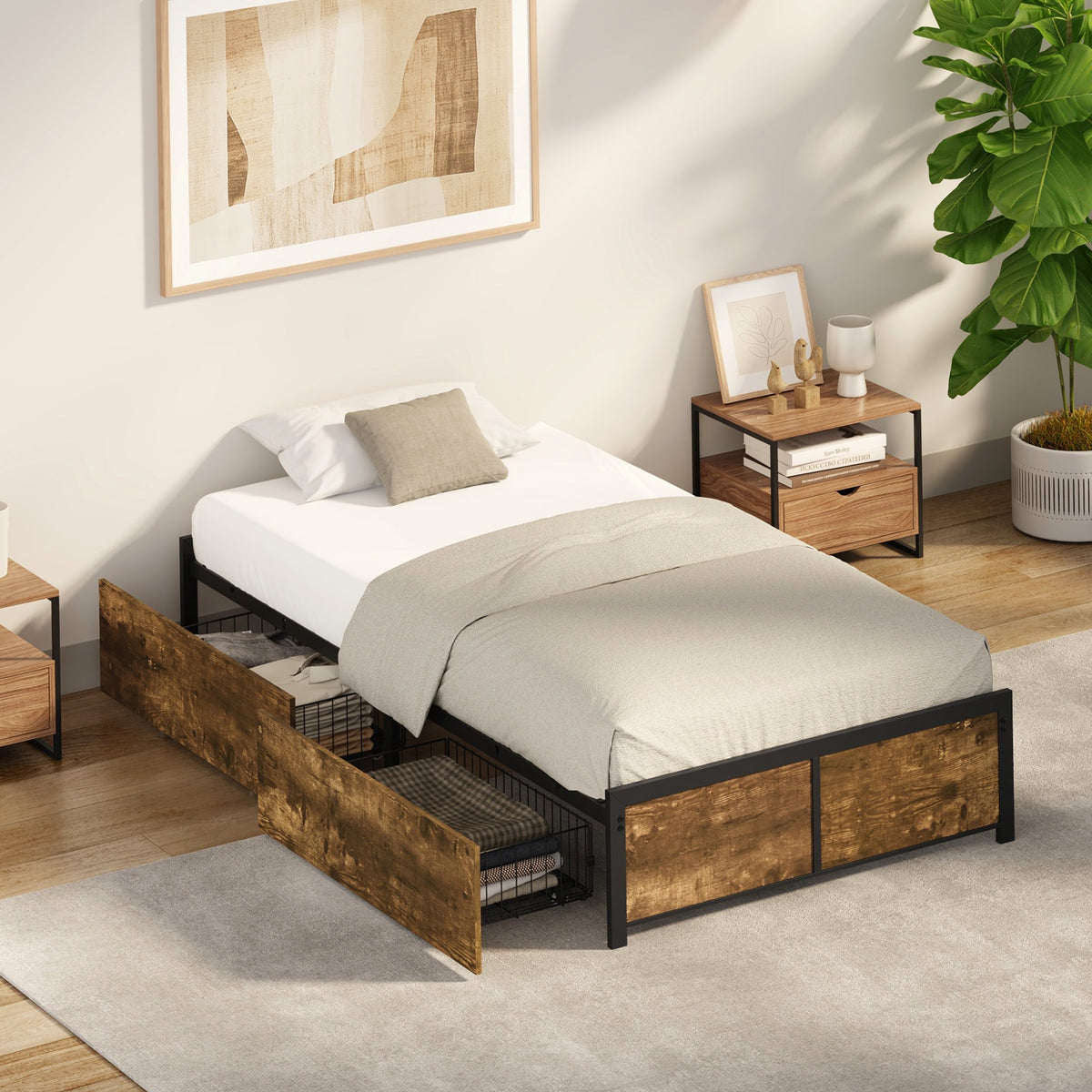 Oikiture King Single Metal Bed Frame with 2 Storage Drawers Platform Bed Base