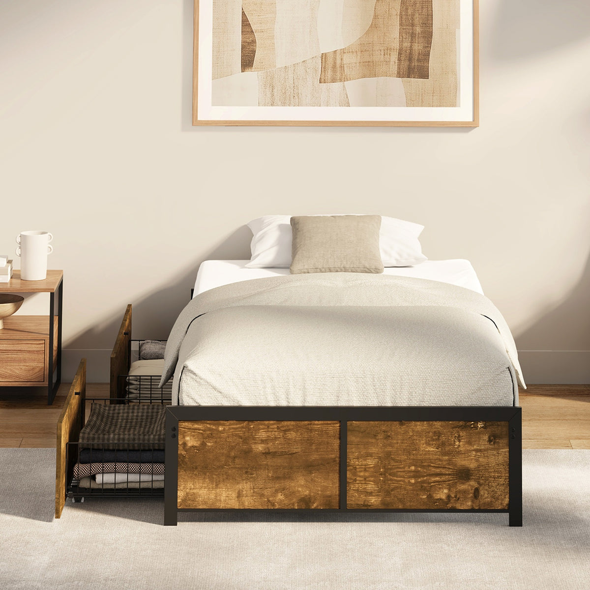 Oikiture King Single Metal Bed Frame with 2 Storage Drawers Platform Bed Base