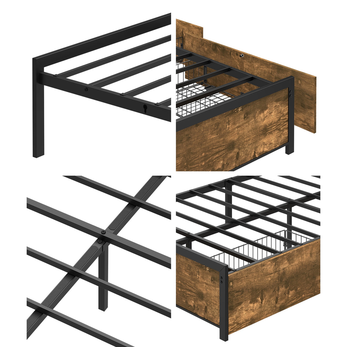 Oikiture King Single Metal Bed Frame with 2 Storage Drawers Platform Bed Base