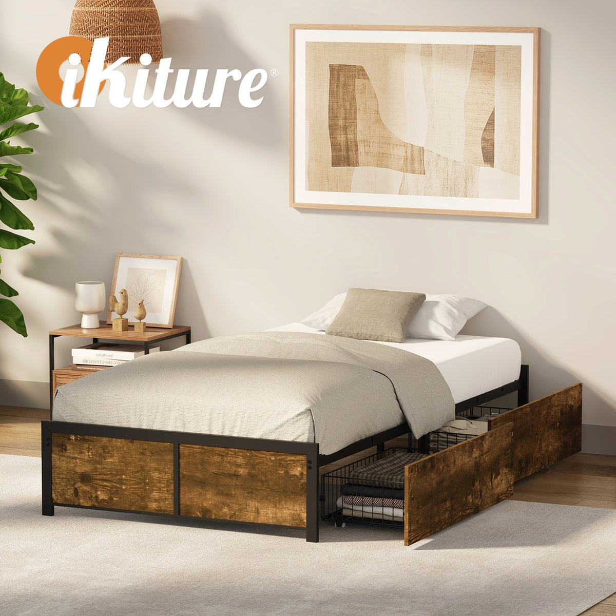 Oikiture King Single Metal Bed Frame with 2 Storage Drawers Platform Bed Base