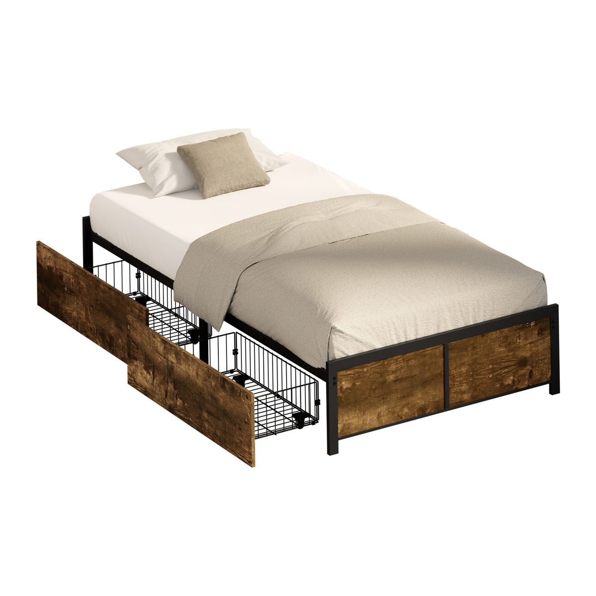 Oikiture King Single Metal Bed Frame with 2 Storage Drawers Platform Bed Base
