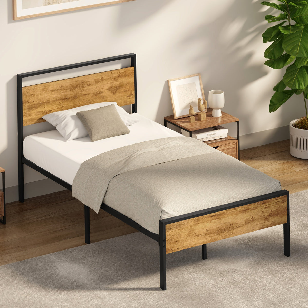 Oikiture King Single Metal Bed Frame Industrial Platform Bed Base Natural