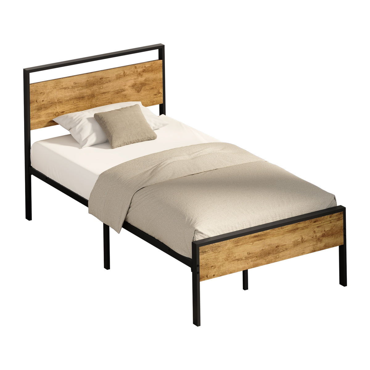 Oikiture King Single Metal Bed Frame Industrial Platform Bed Base Natural