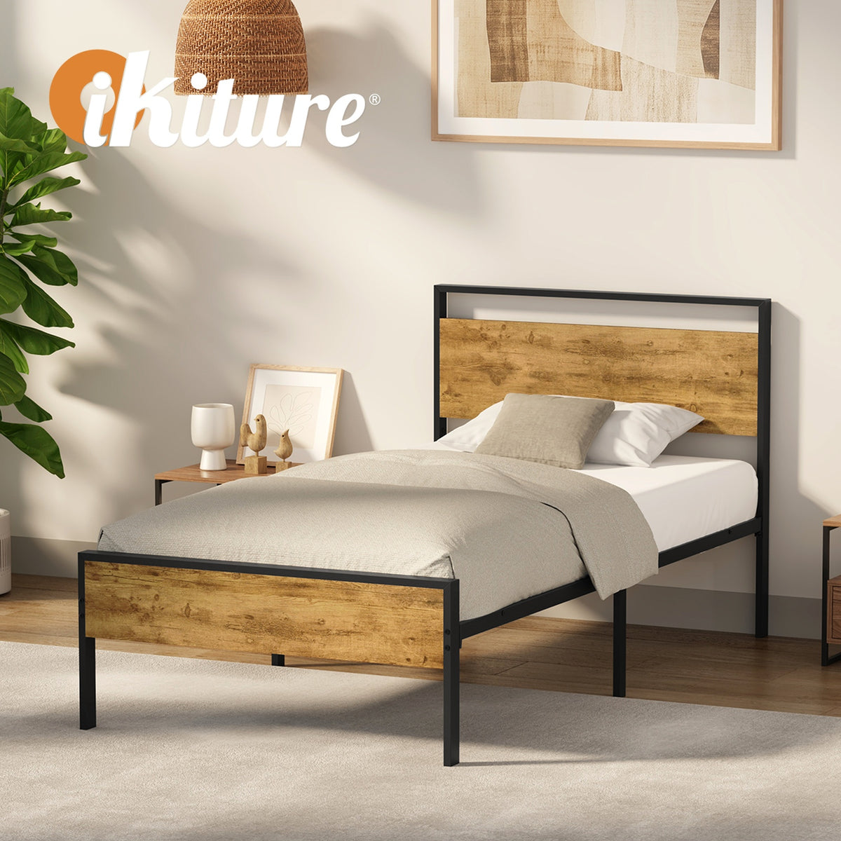 Oikiture Single Metal Bed Frame Industrial Platform Bed Base Natural