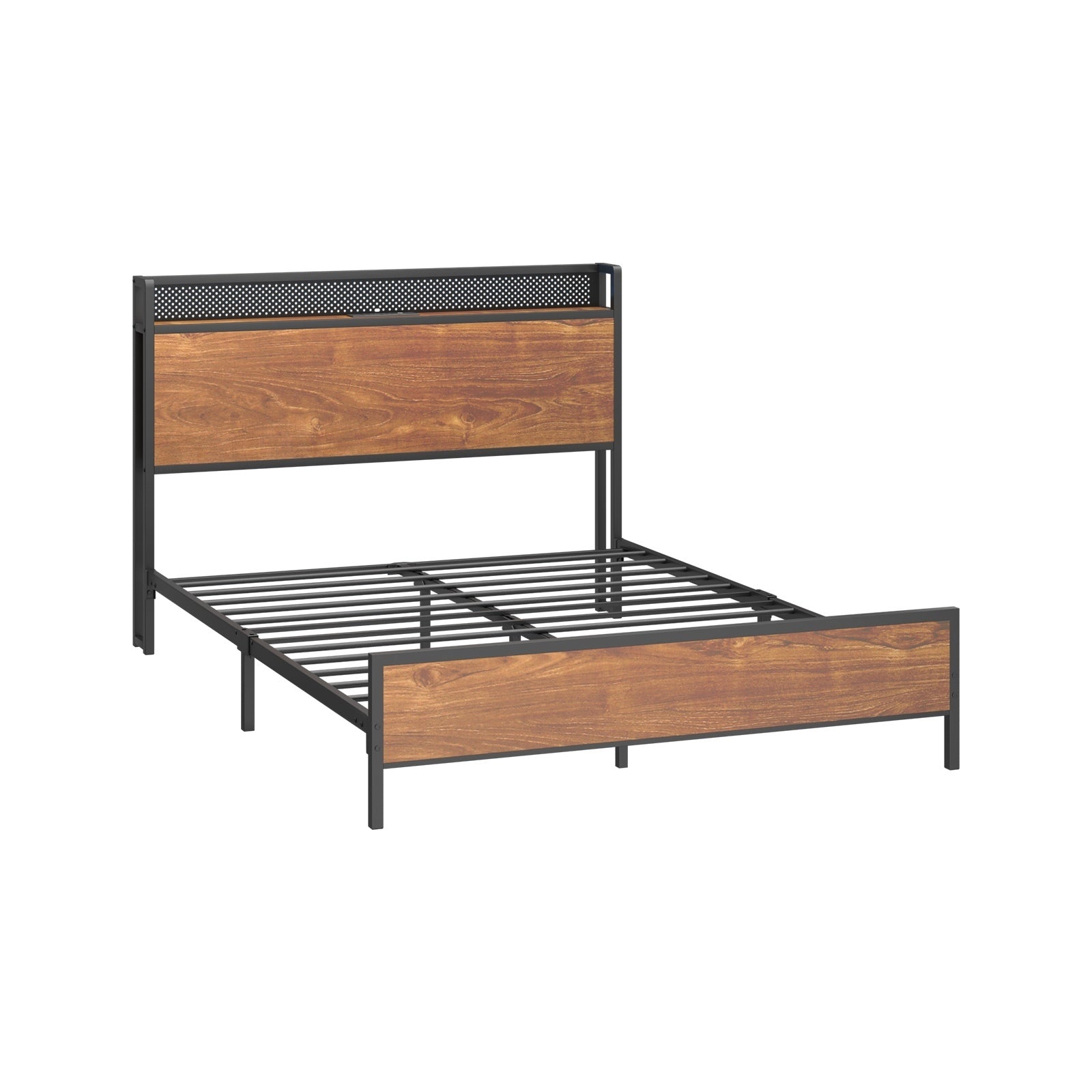 Oikiture Metal Bed Frame Double Size LED Light USB Charge Storage Headboard - Sunyee
