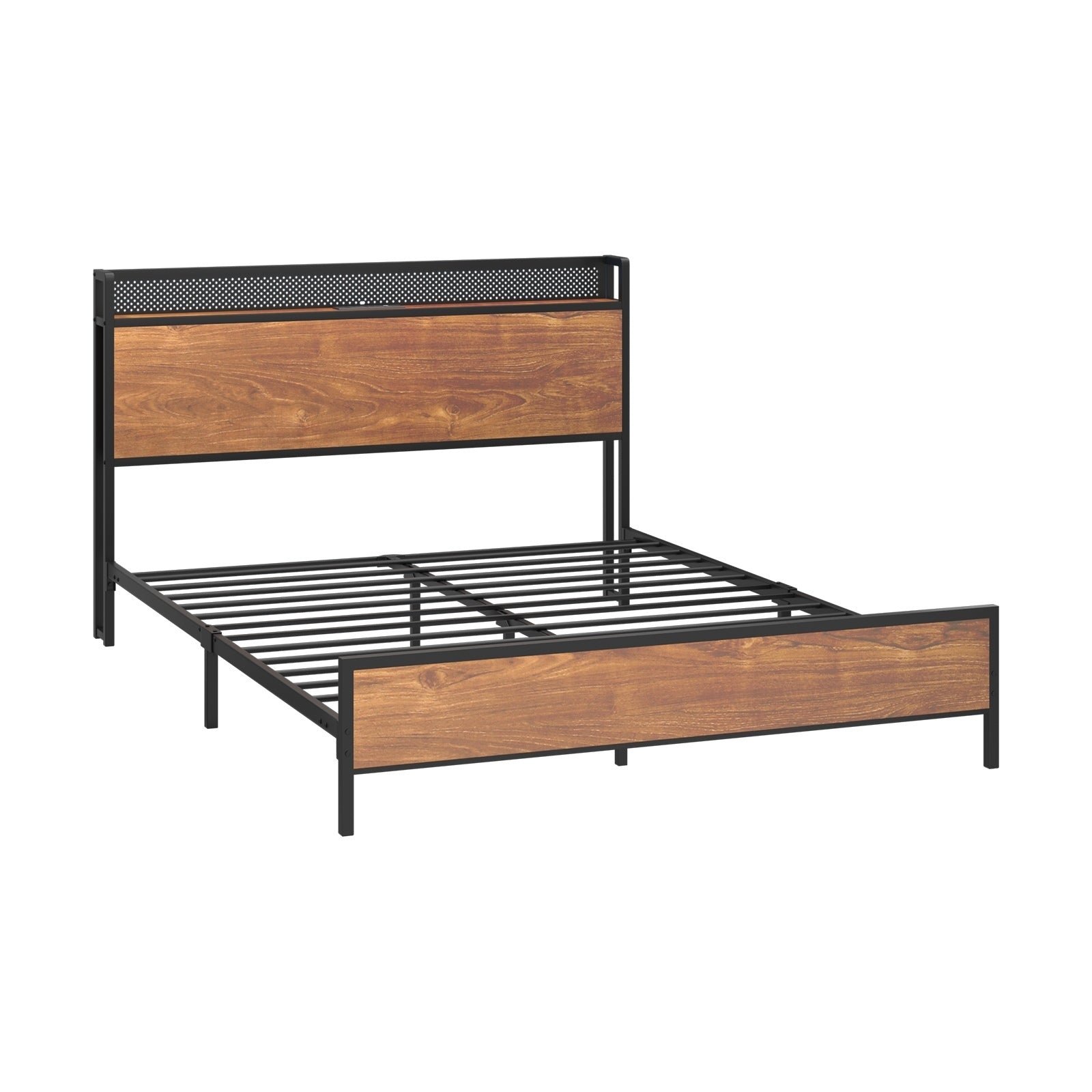 Oikiture Metal Bed Frame Queen Size LED Light USB Charge Storage Headboard - Sunyee