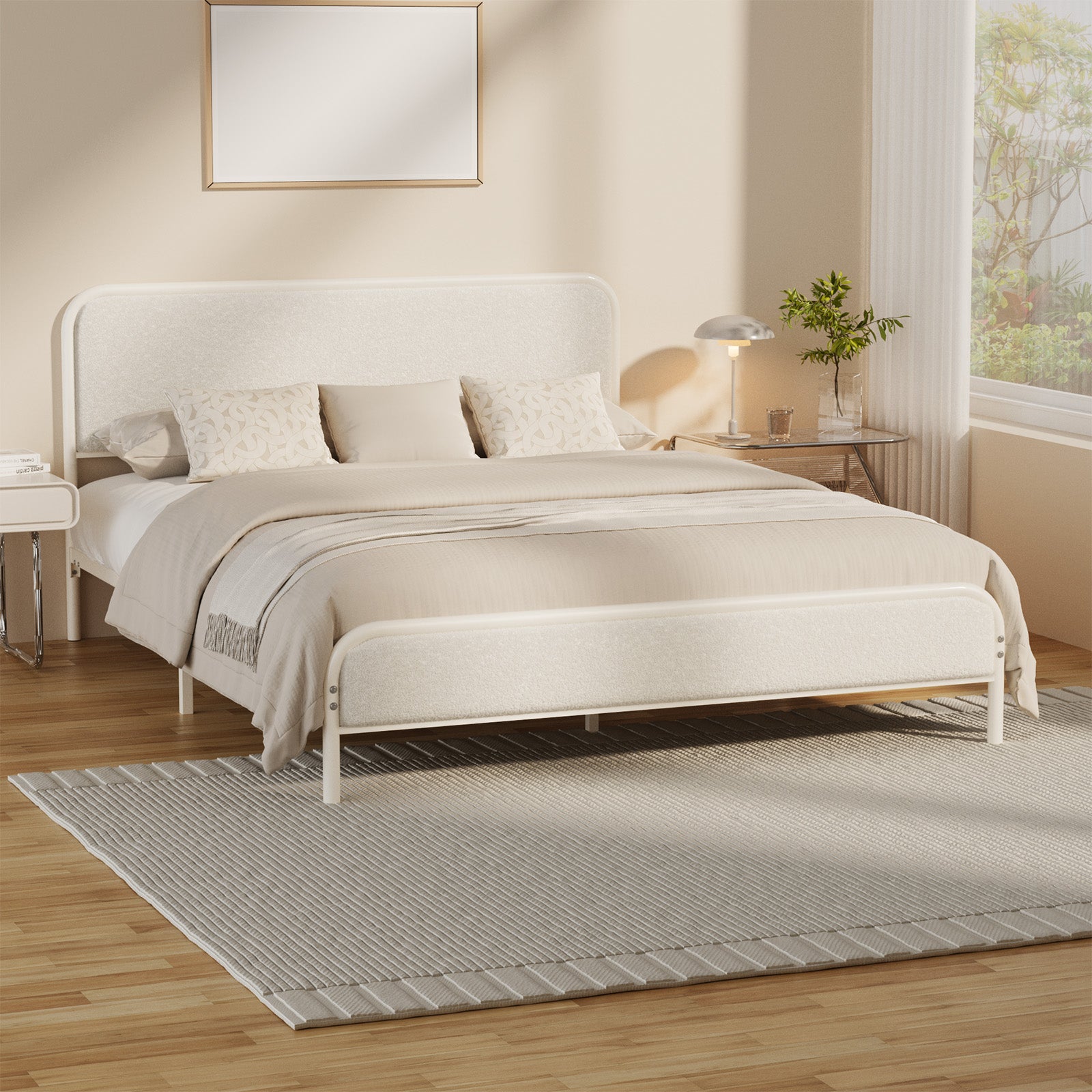 Oikiture Metal Bed Frame Double Size Tufted Bedhead Boucle Fabric Beige - Sunyee