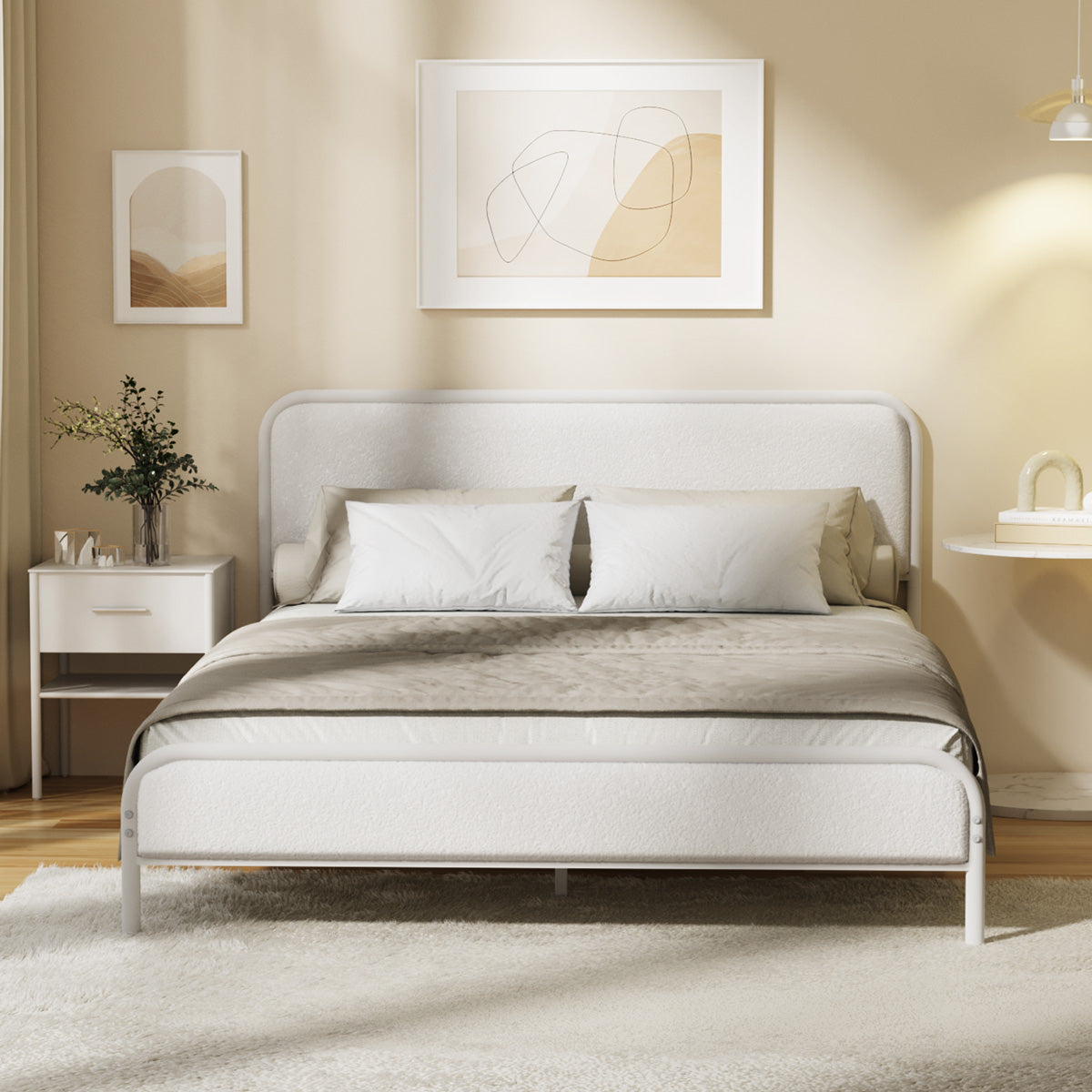 Oikiture Metal Bed Frame Double Size Tufted Bedhead Boucle Fabric Beige - Sunyee