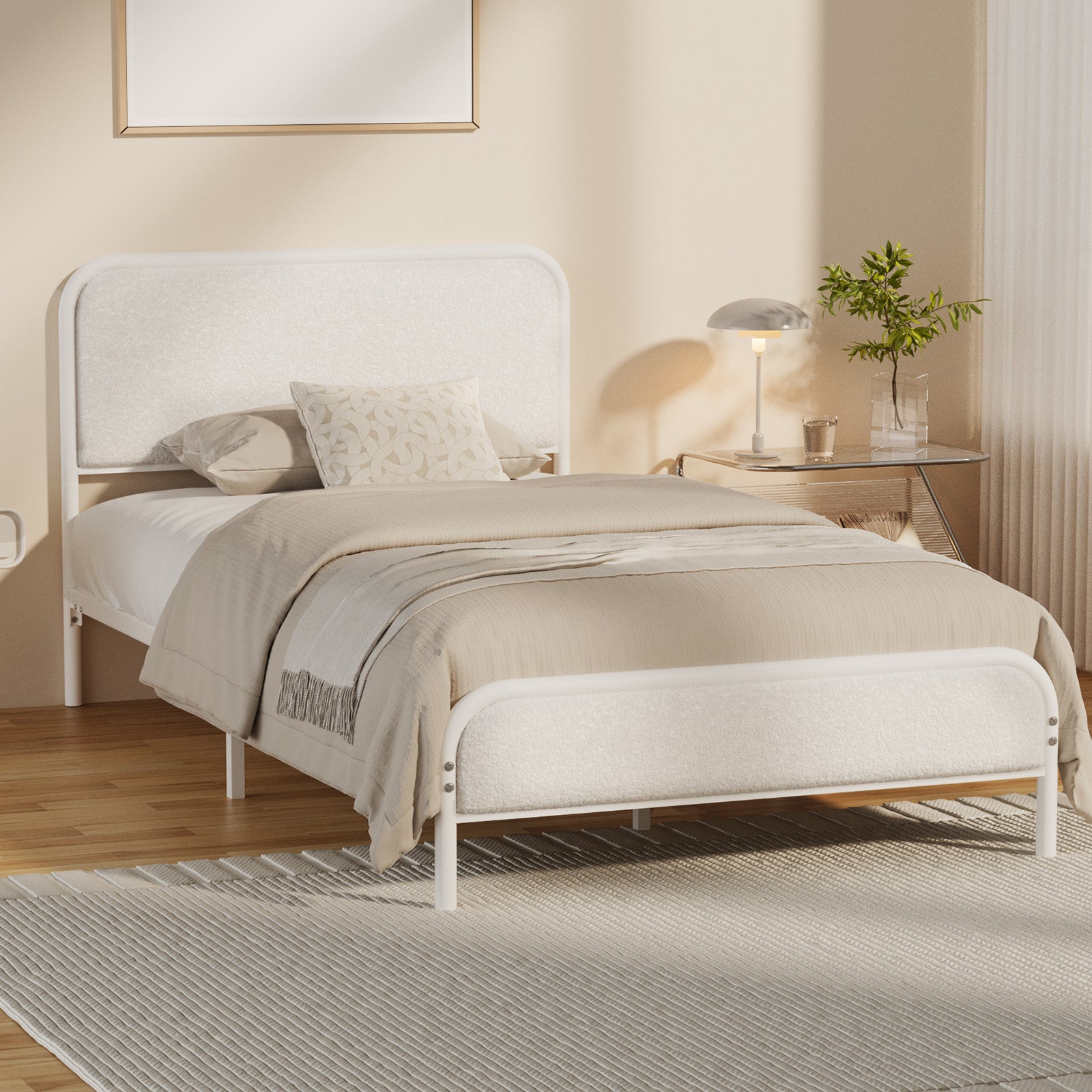 Oikiture Metal Bed Frame King Single Double Queen Tufted Bedhead Boucle Fabric - Sunyee