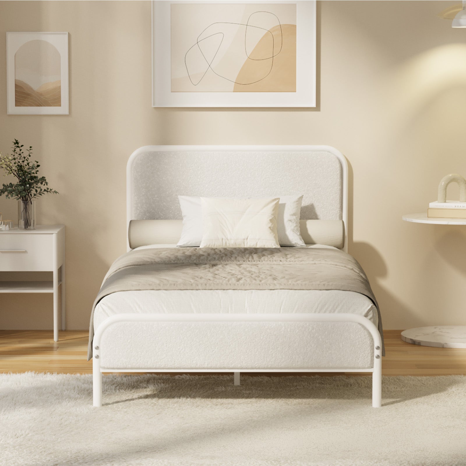 Oikiture Metal Bed Frame King Single Size Tufted Bedhead Boucle Fabric Beige - Sunyee