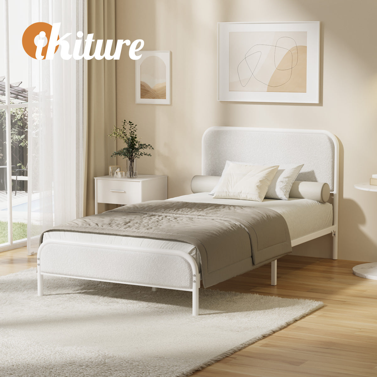 Oikiture Metal Bed Frame King Single Size Tufted Bedhead Boucle Fabric Beige - Sunyee