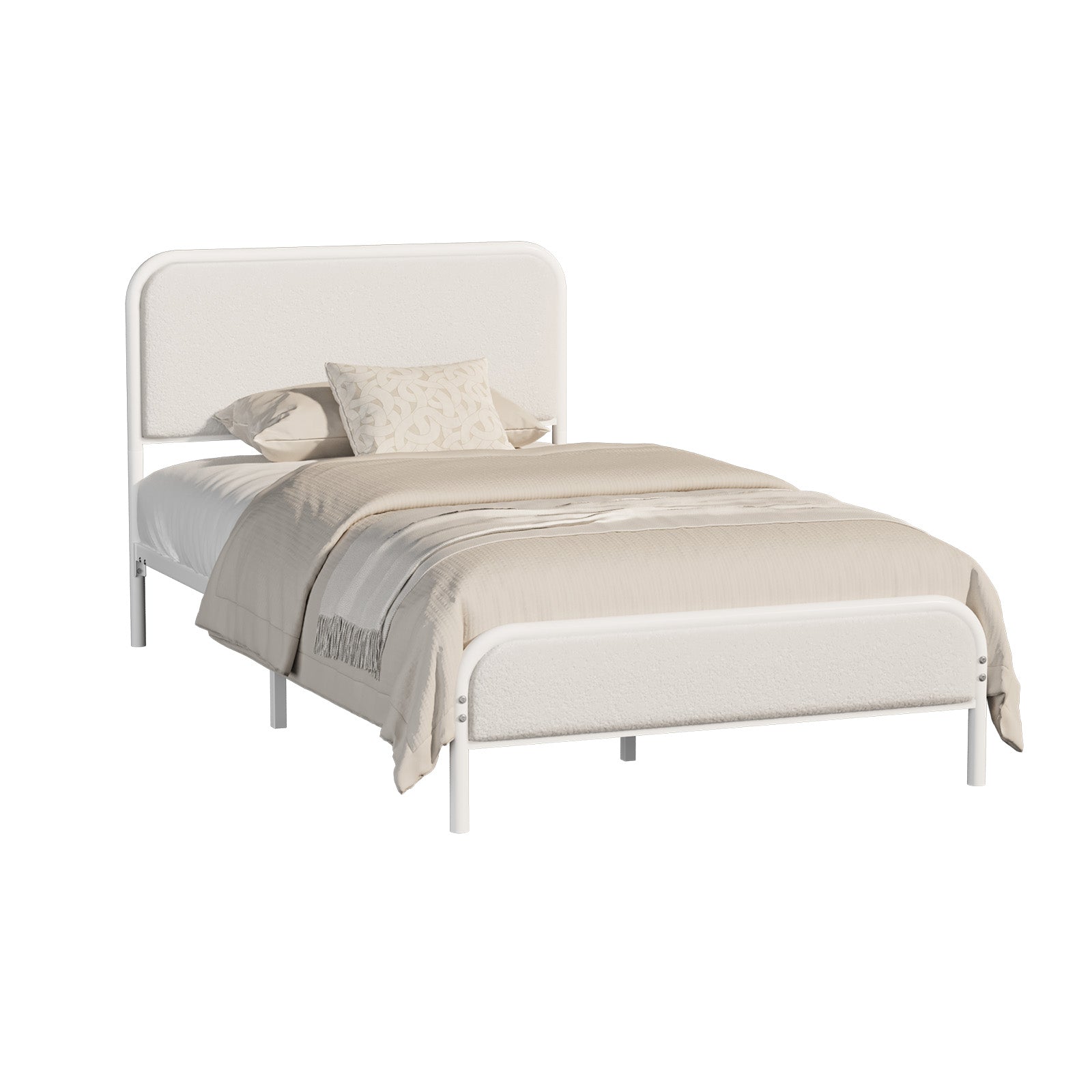 Oikiture Metal Bed Frame King Single Size Tufted Bedhead Boucle Fabric Beige - Sunyee