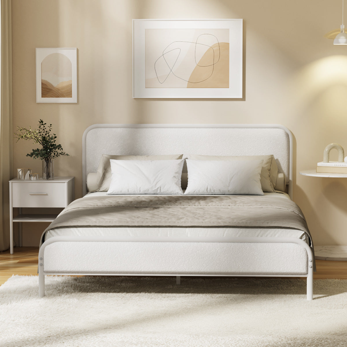 Oikiture Metal Bed Frame Queen Size Tufted Bedhead Boucle Fabric Beige - Sunyee