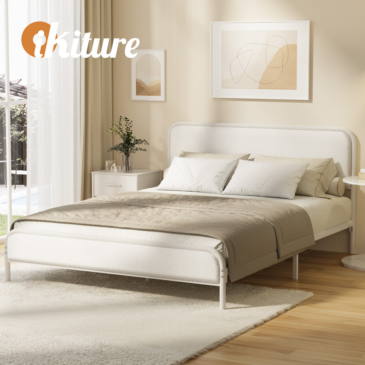 Oikiture Metal Bed Frame Queen Size Tufted Bedhead Boucle Fabric Beige - Sunyee