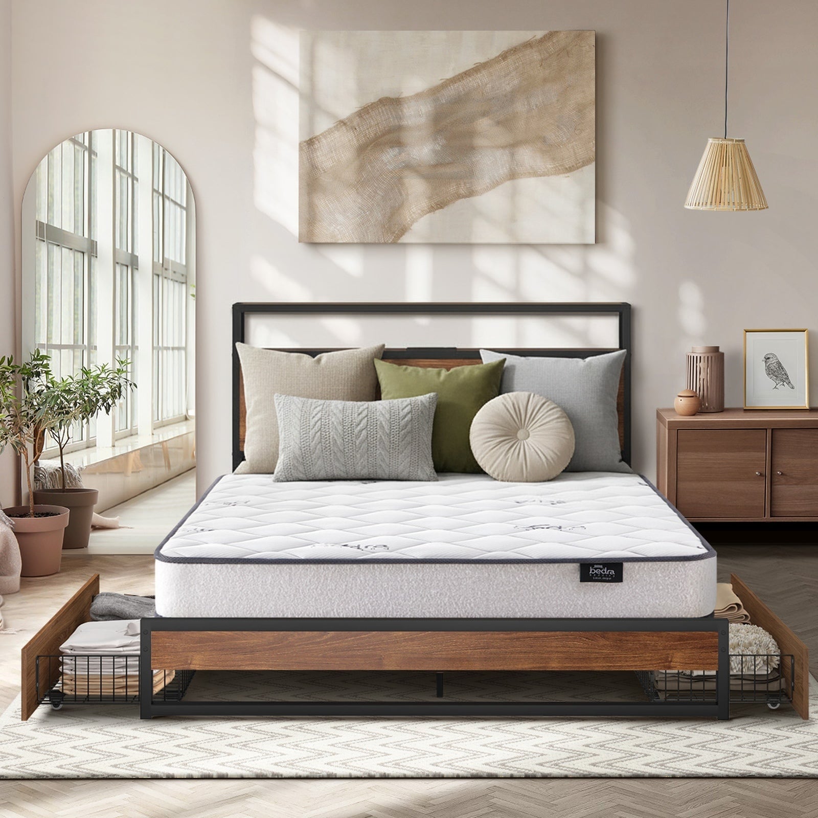 Oikiture Metal Bed Frame Double Size LED 2 Storage Drawers USB with Mattress - Sunyee