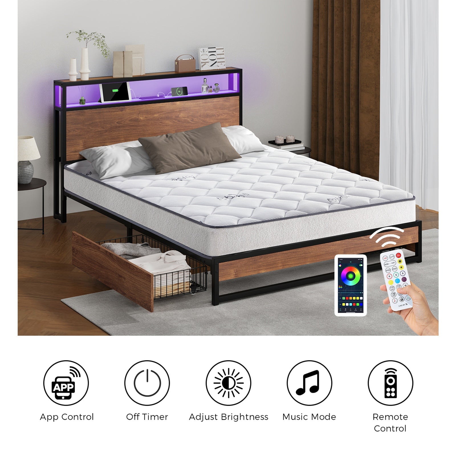 Oikiture Metal Bed Frame Double Size LED 2 Storage Drawers USB with Mattress - Sunyee