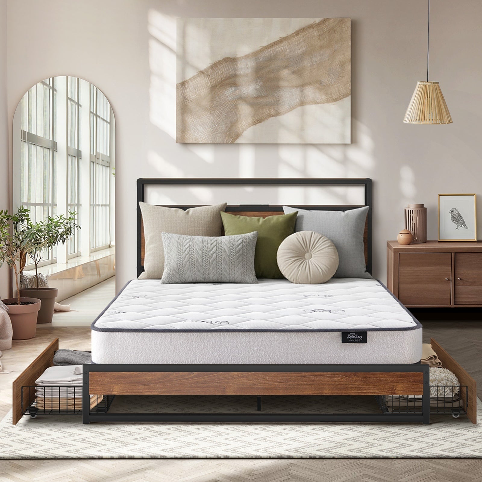 Oikiture Metal Bed Frame Double Size LED 2 Storage Drawers USB with Mattress - Sunyee