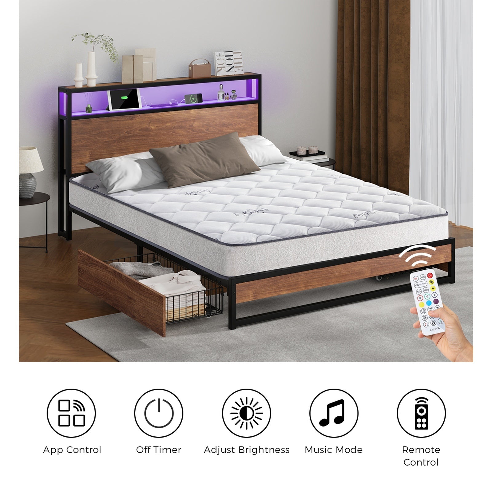 Oikiture Metal Bed Frame Double Size LED 2 Storage Drawers USB with Mattress - Sunyee
