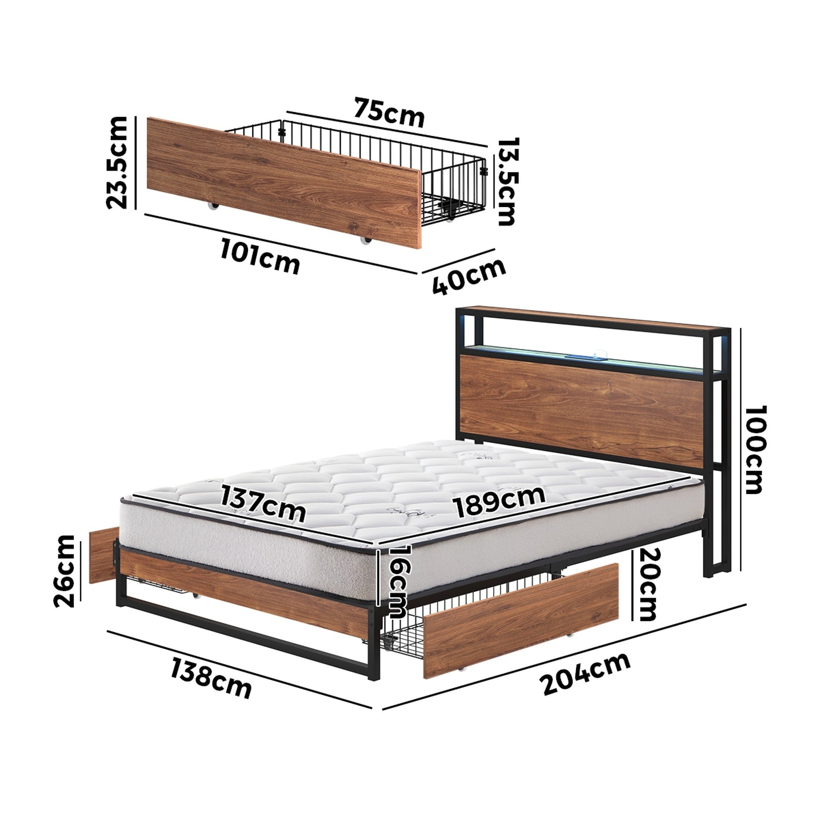 Oikiture Metal Bed Frame Double Size LED 2 Storage Drawers USB with Mattress - Sunyee