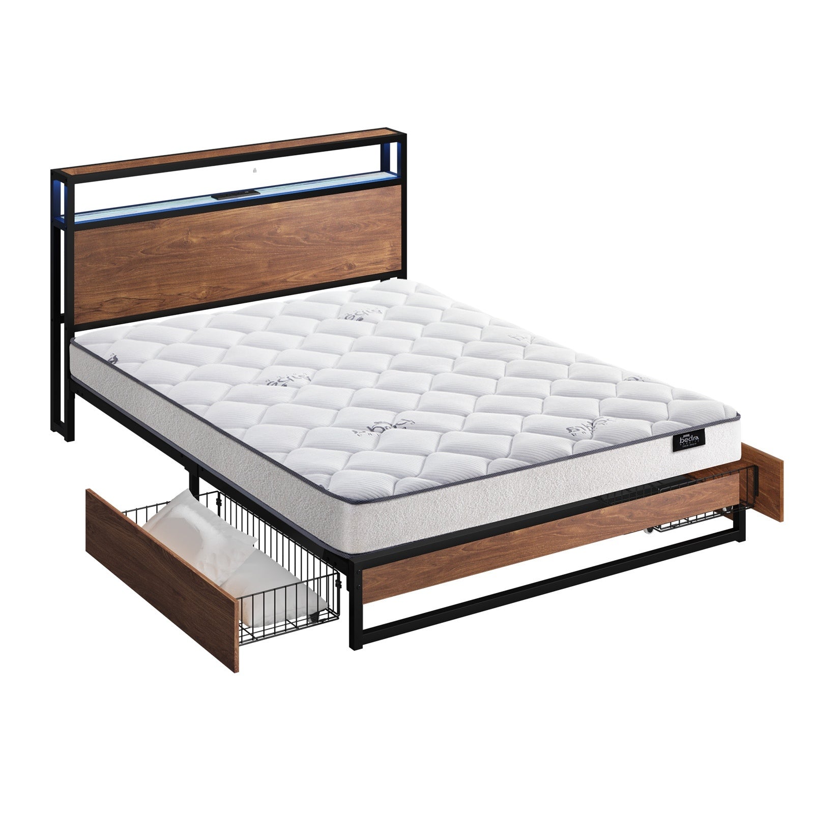 Oikiture Metal Bed Frame Double Size LED 2 Storage Drawers USB with Mattress - Sunyee