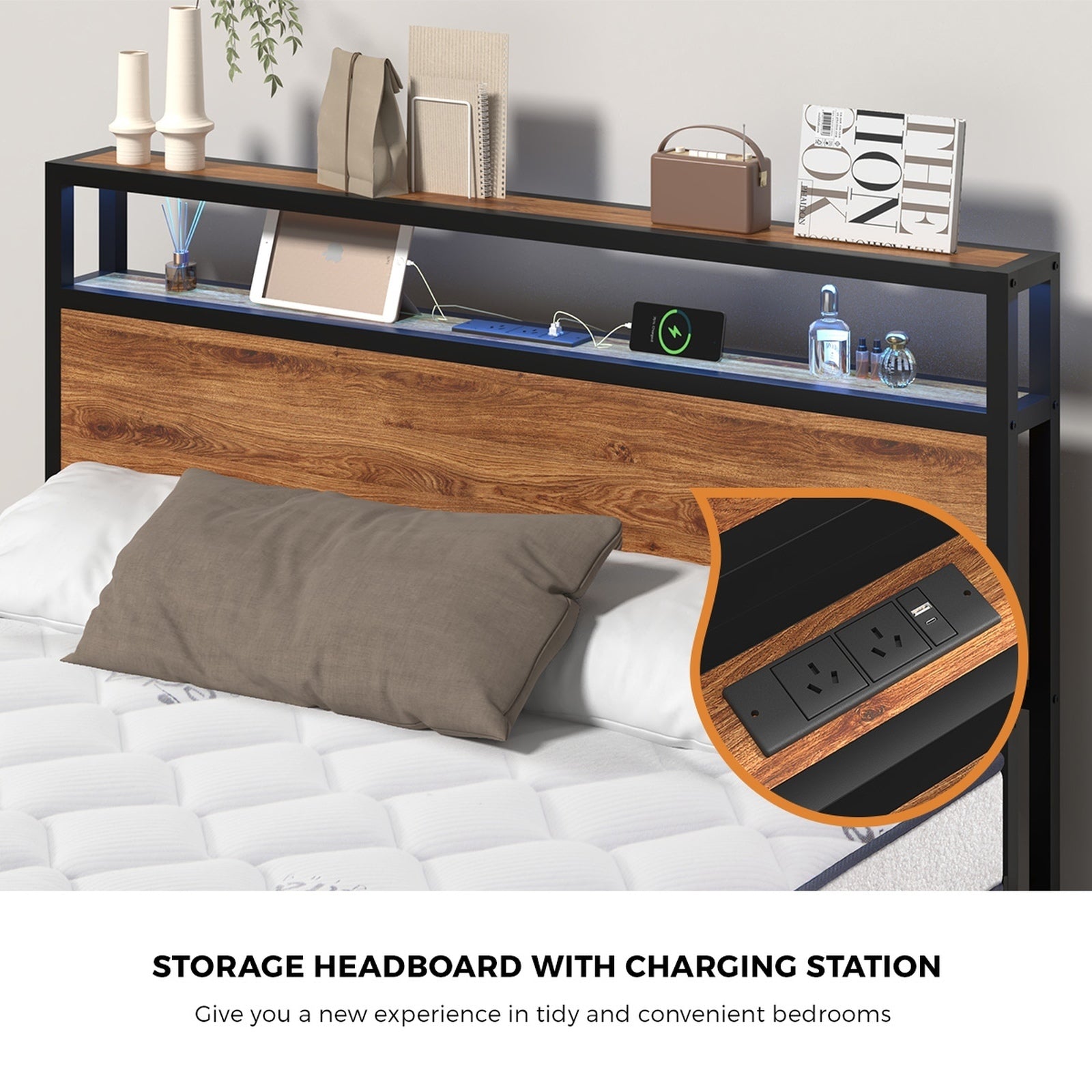 Oikiture Metal Bed Frame King Size LED 4 Storage Drawers USB with Mattress - Sunyee
