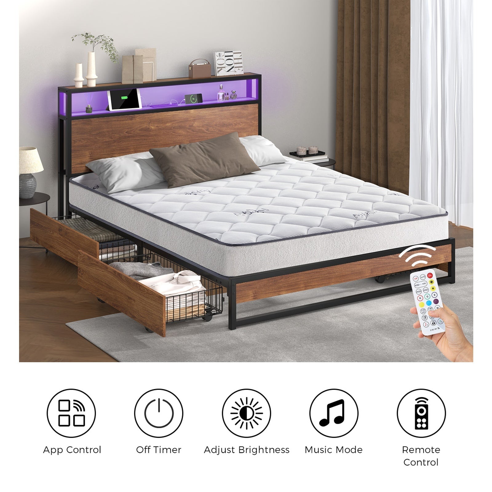 Oikiture Metal Bed Frame King Size LED 4 Storage Drawers USB with Mattress - Sunyee