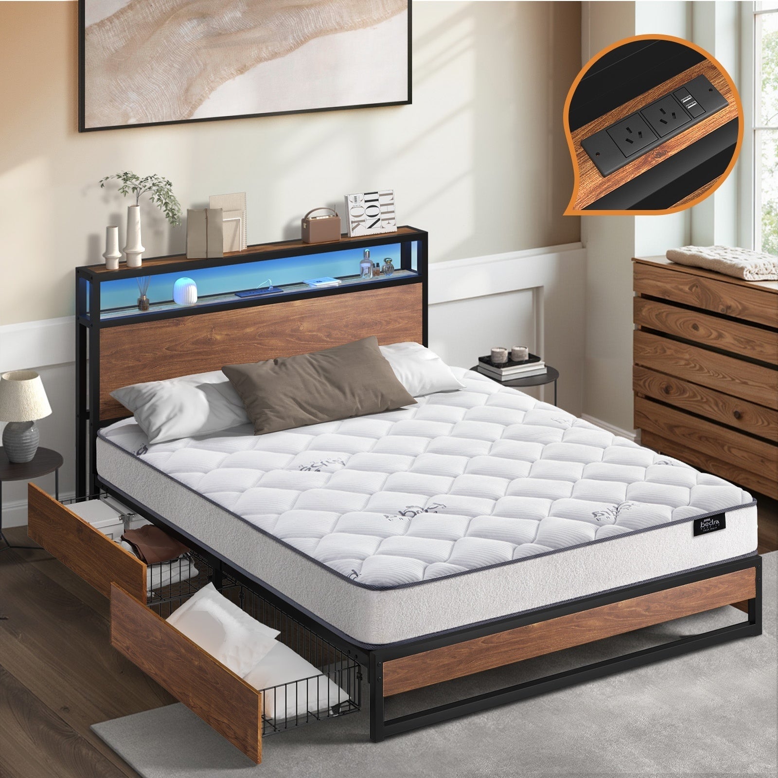 Oikiture Metal Bed Frame Queen Size LED 4 Storage Drawers USB with Mattress - Sunyee