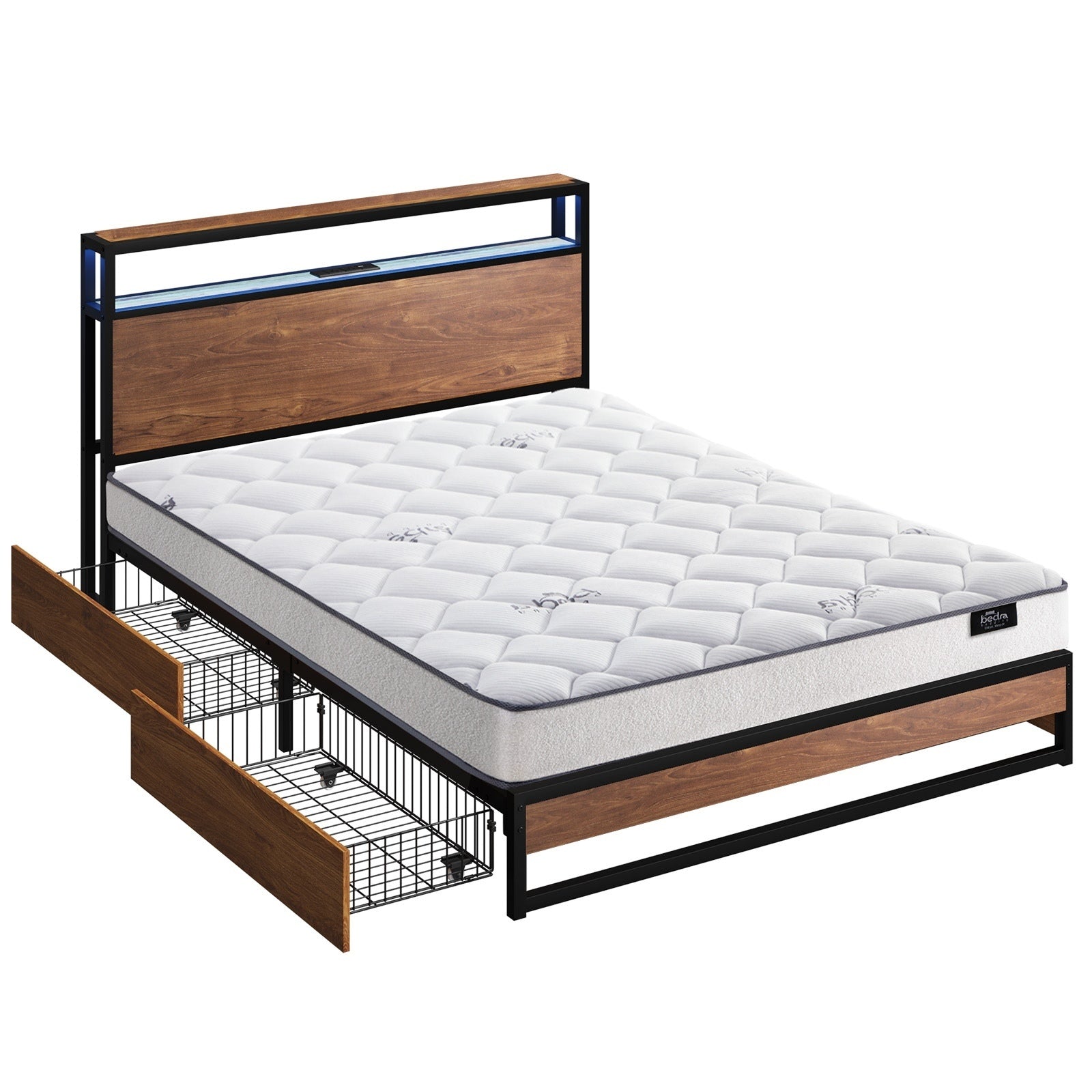 Oikiture Metal Bed Frame Queen Size LED 4 Storage Drawers USB with Mattress - Sunyee