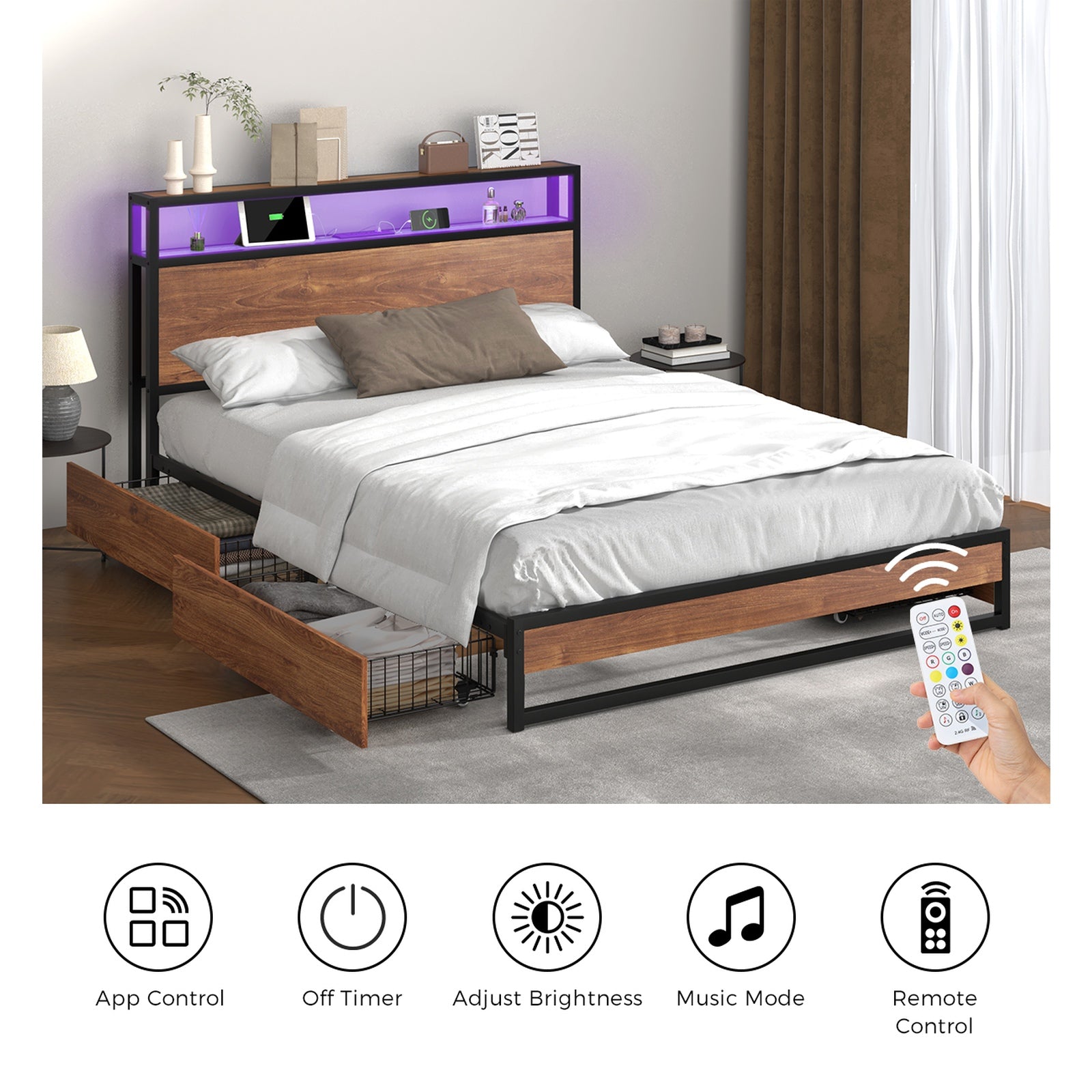 Oikiture Metal Bed Frame Queen Double King LED Headboard Storage Drawers USB