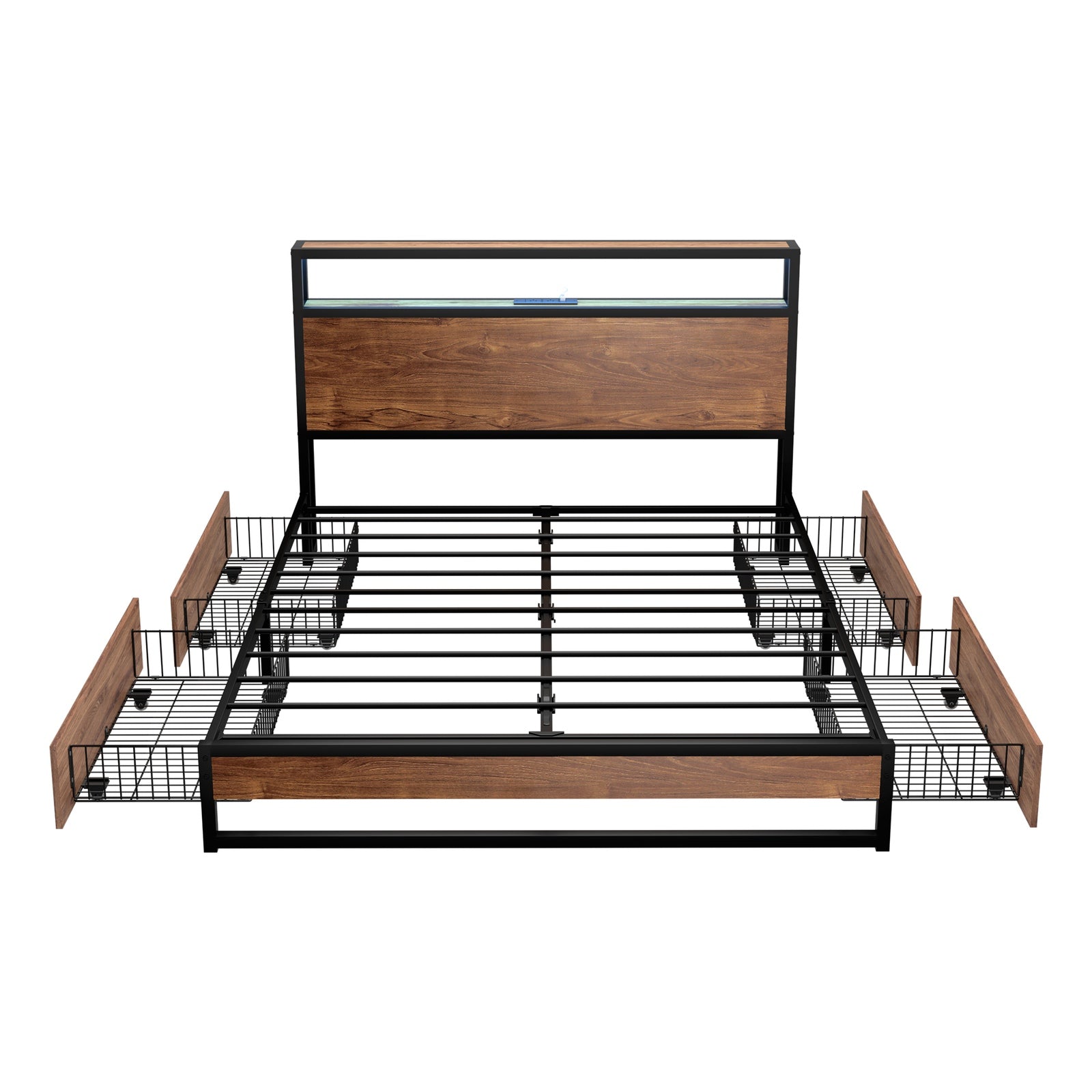 Oikiture Metal Bed Frame Queen Double King LED Headboard Storage Drawers USB