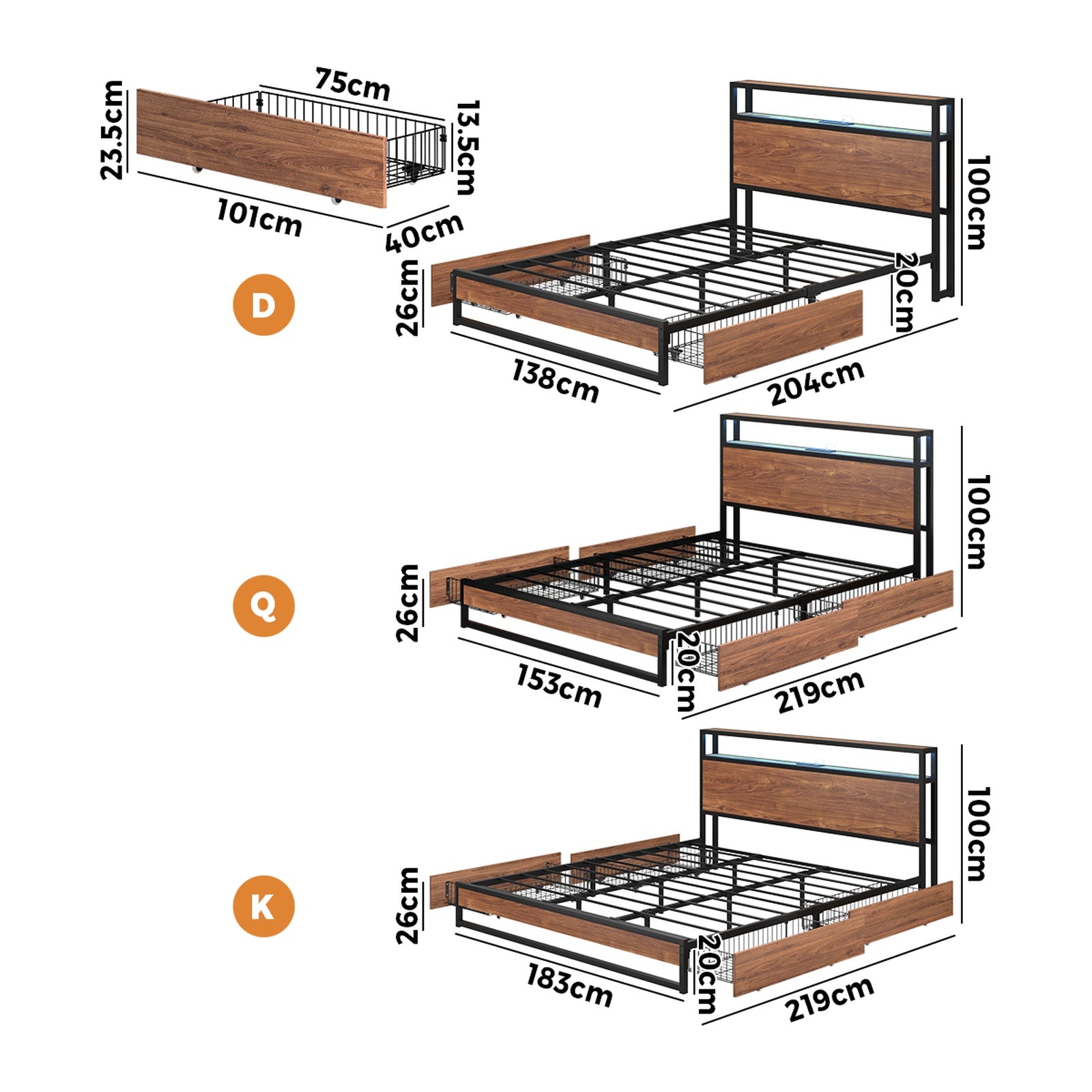 Oikiture Metal Bed Frame Queen Double King LED Headboard Storage Drawers USB