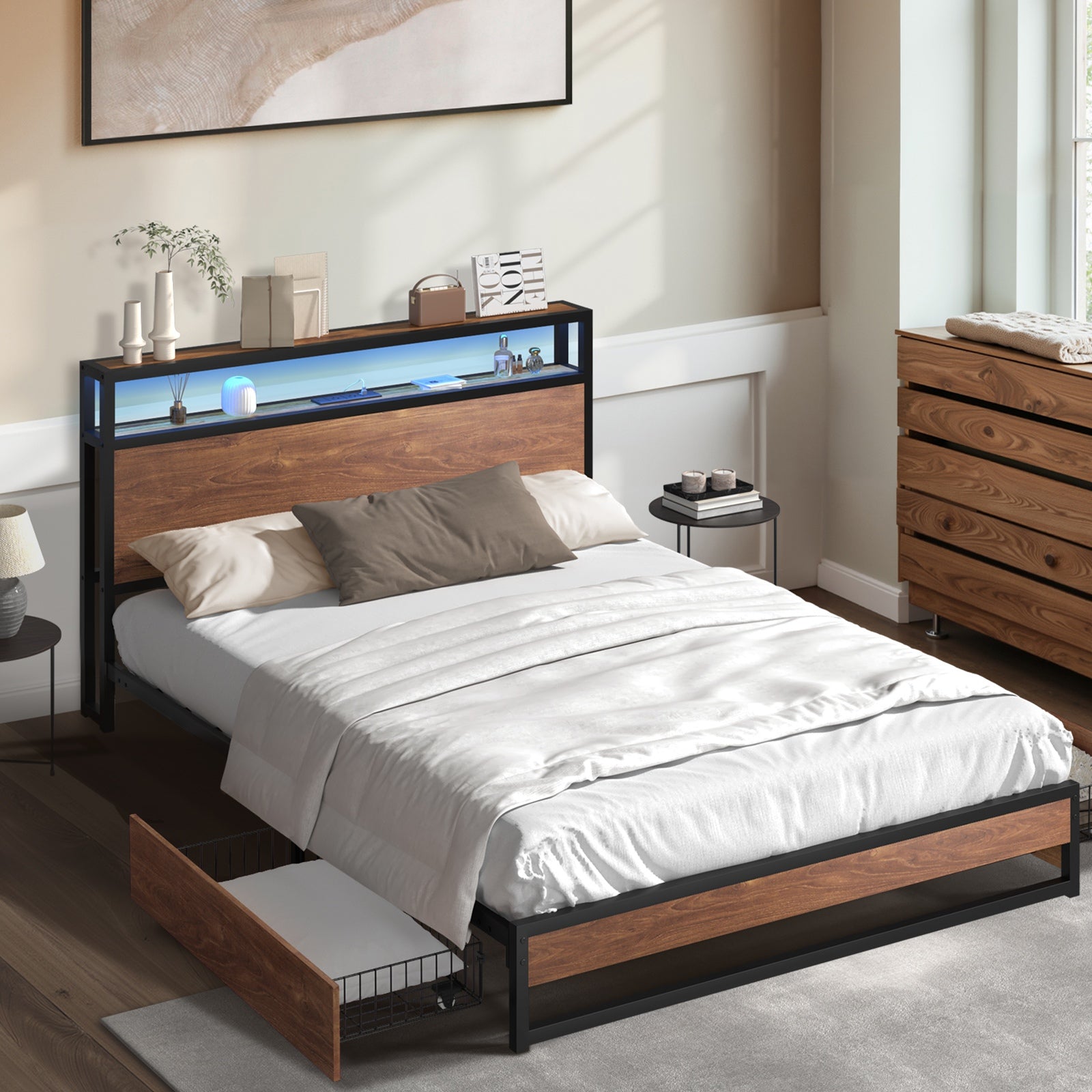 Oikiture Metal Bed Frame Queen Double King LED Headboard Storage Drawers USB