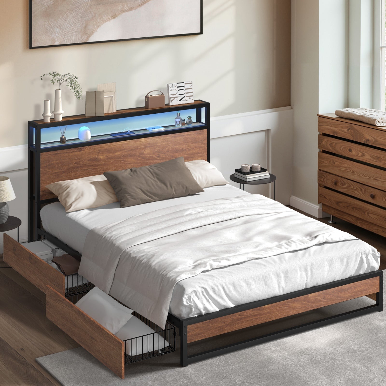 Oikiture Metal Bed Frame Double Size with LED Headboard Storage Drawers USB - Sunyee