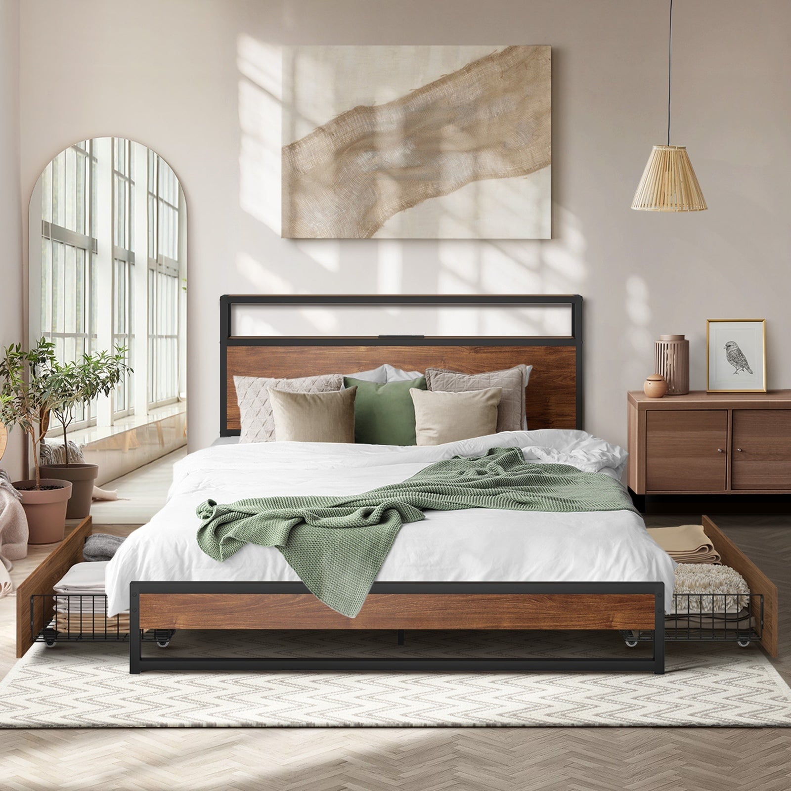 Oikiture Metal Bed Frame Double Size with LED Headboard Storage Drawers USB - Sunyee