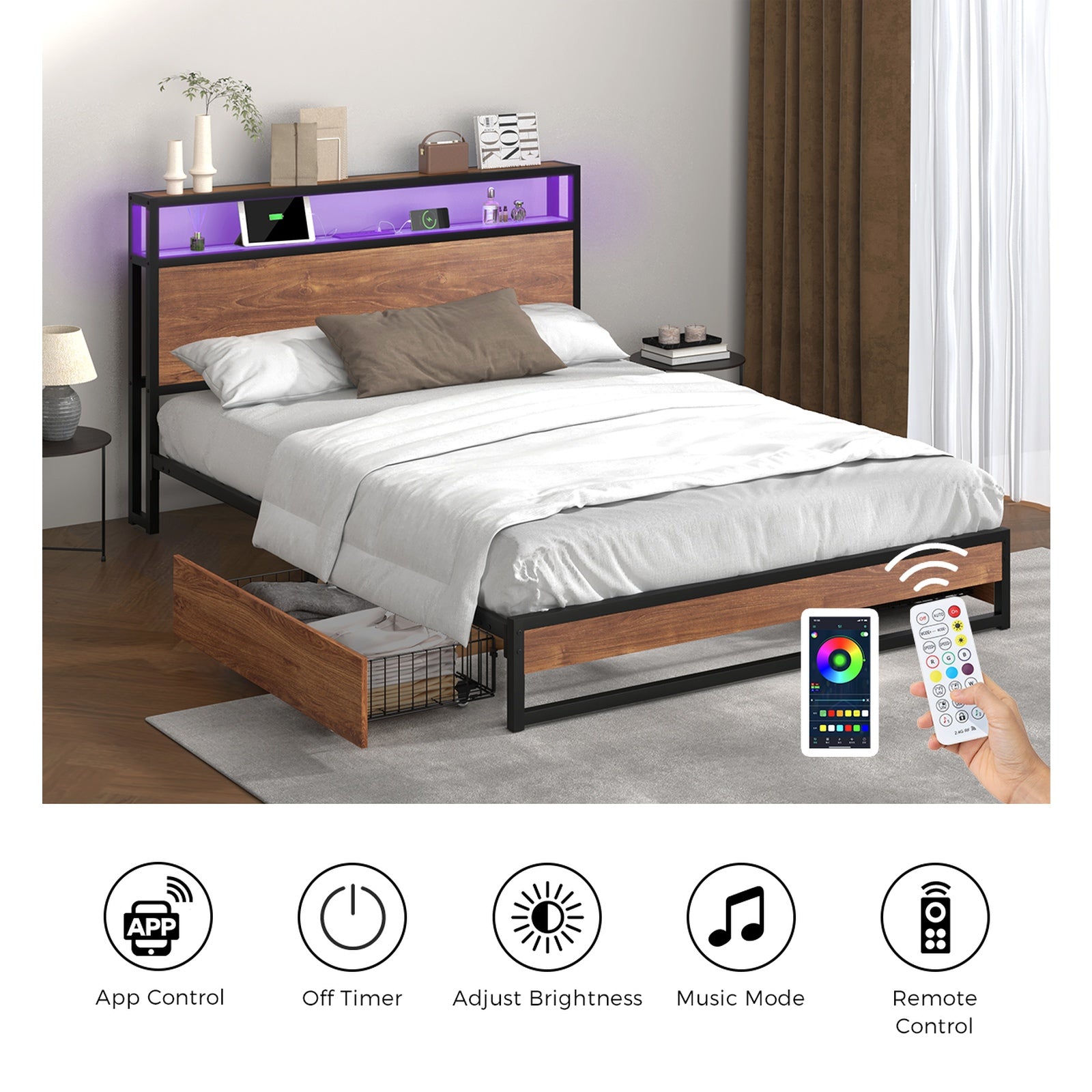 Oikiture Metal Bed Frame Double Size with LED Headboard Storage Drawers USB - Sunyee