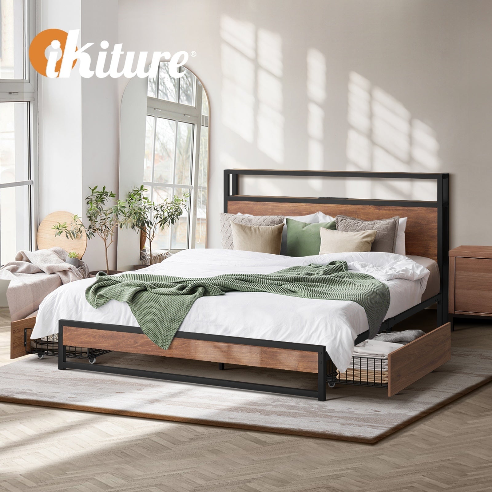 Oikiture Metal Bed Frame Double Size with LED Headboard Storage Drawers USB - Sunyee
