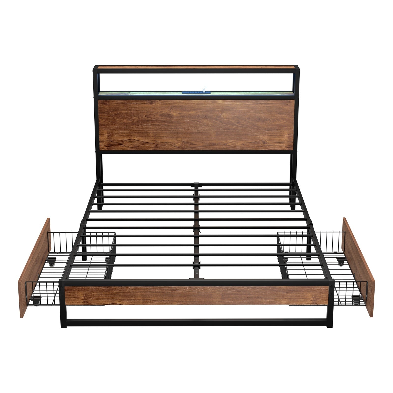 Oikiture Metal Bed Frame Double Size with LED Headboard Storage Drawers USB - Sunyee