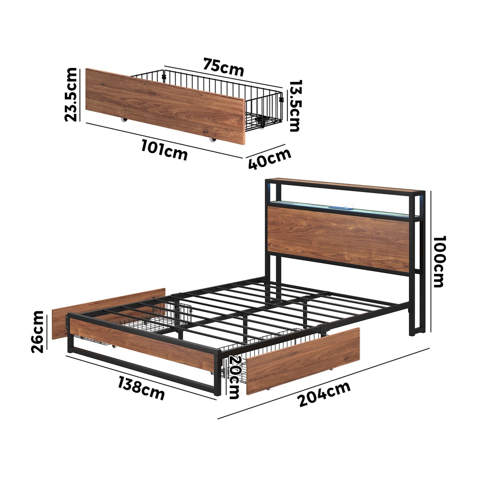 Oikiture Metal Bed Frame Double Size with LED Headboard Storage Drawers USB - Sunyee