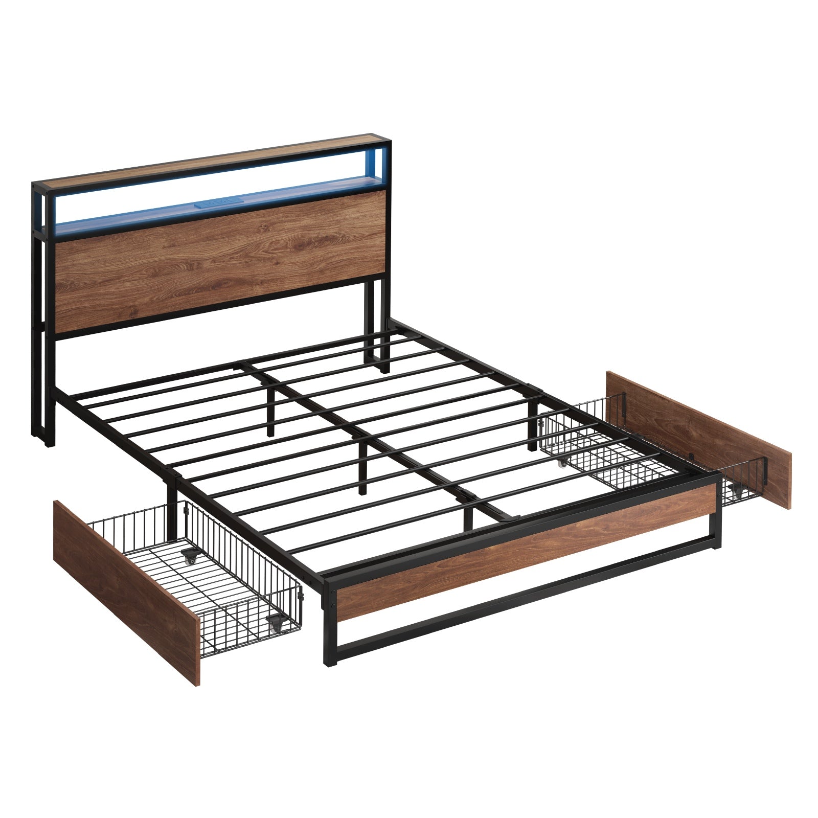 Oikiture Metal Bed Frame Queen Double King LED Headboard Storage Drawers USB