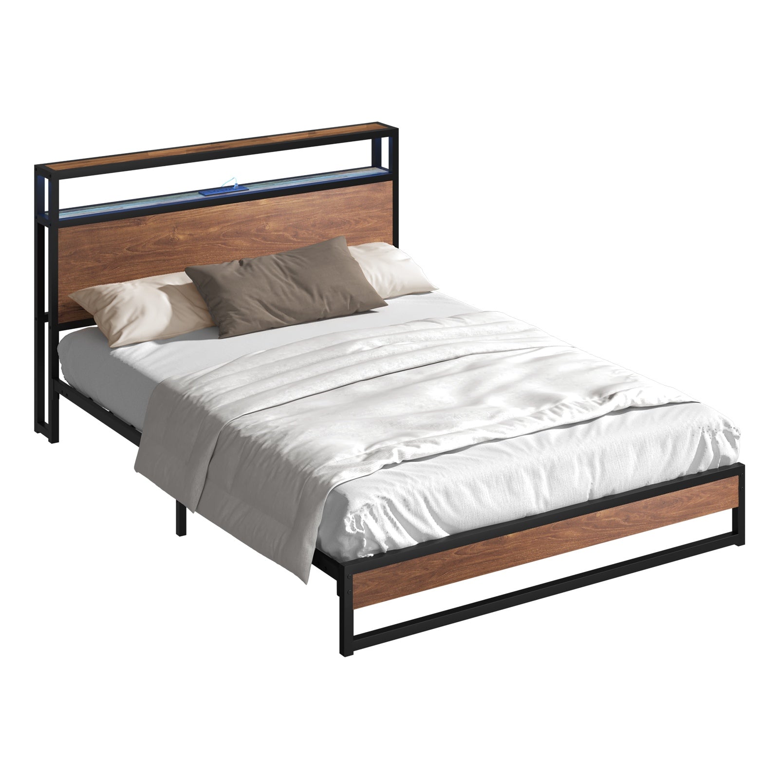 Oikiture Metal Bed Frame Double Size LED Light Storage Headboard USB Charge - Sunyee