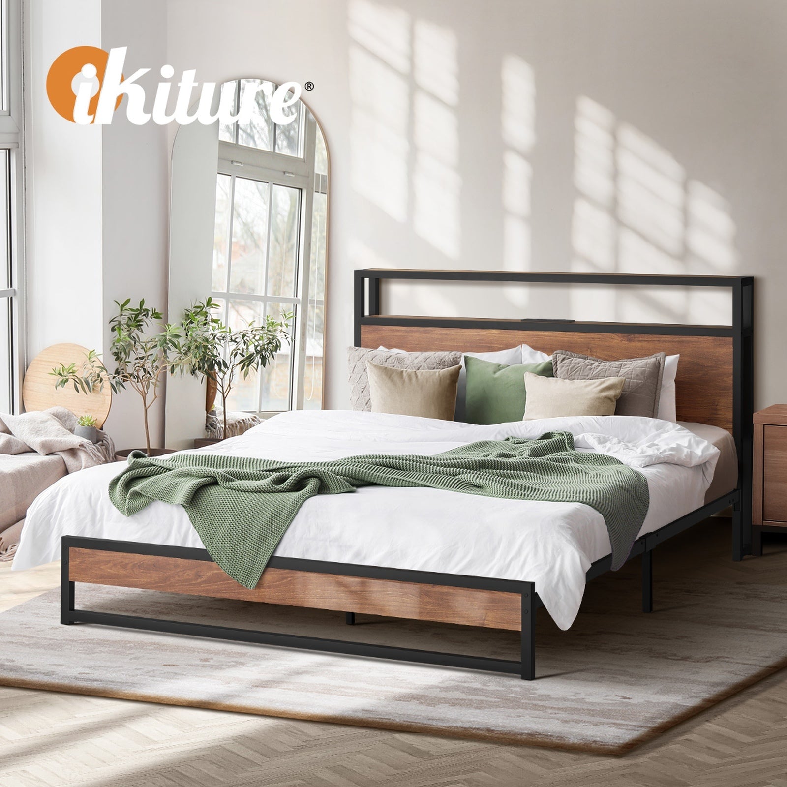 Oikiture Metal Bed Frame Double Size LED Light Storage Headboard USB Charge - Sunyee