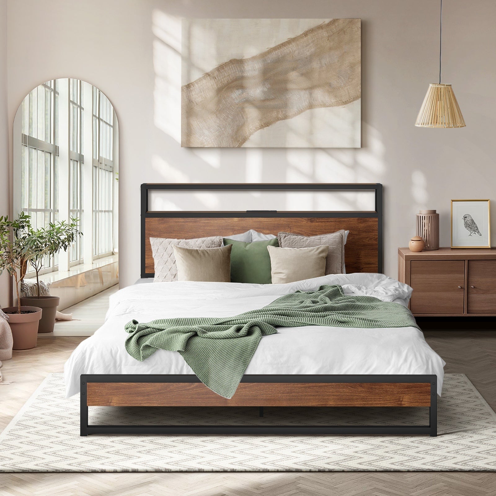 Oikiture Metal Bed Frame King Size LED Light Storage Headboard USB Charge - Sunyee