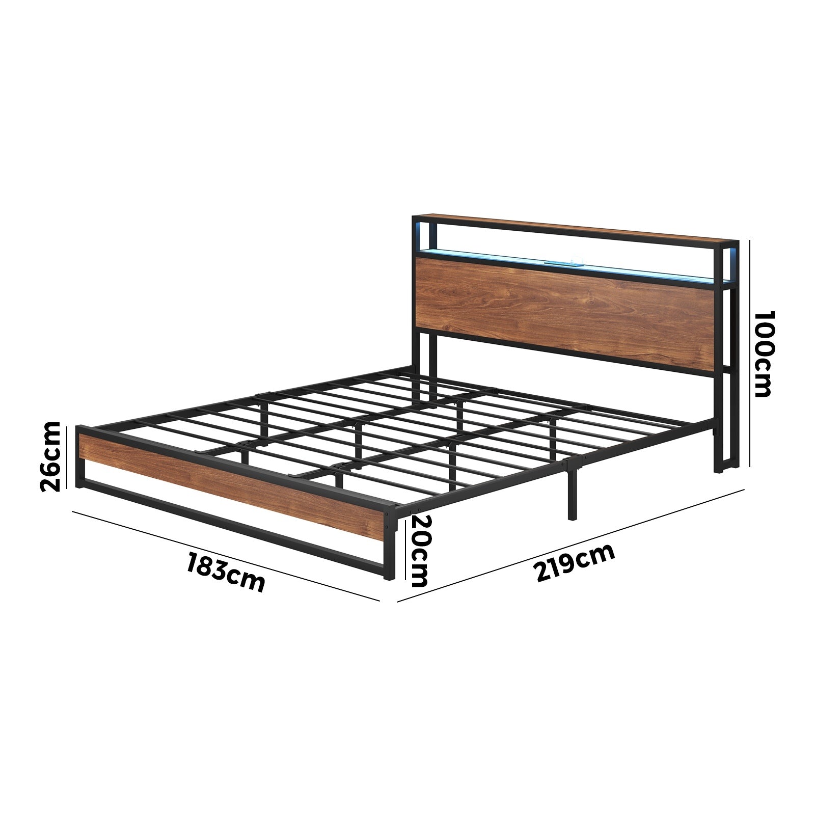 Oikiture Metal Bed Frame King Size LED Light Storage Headboard USB Charge - Sunyee