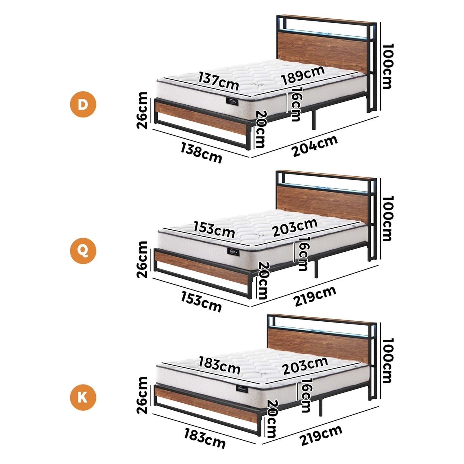 Oikiture Metal Bed Frame Double Size LED Storage USB with Mattress - Sunyee
