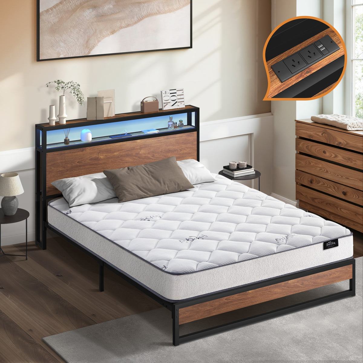 Oikiture Metal Bed Frame Double Queen King Size LED Storage USB with Mattress