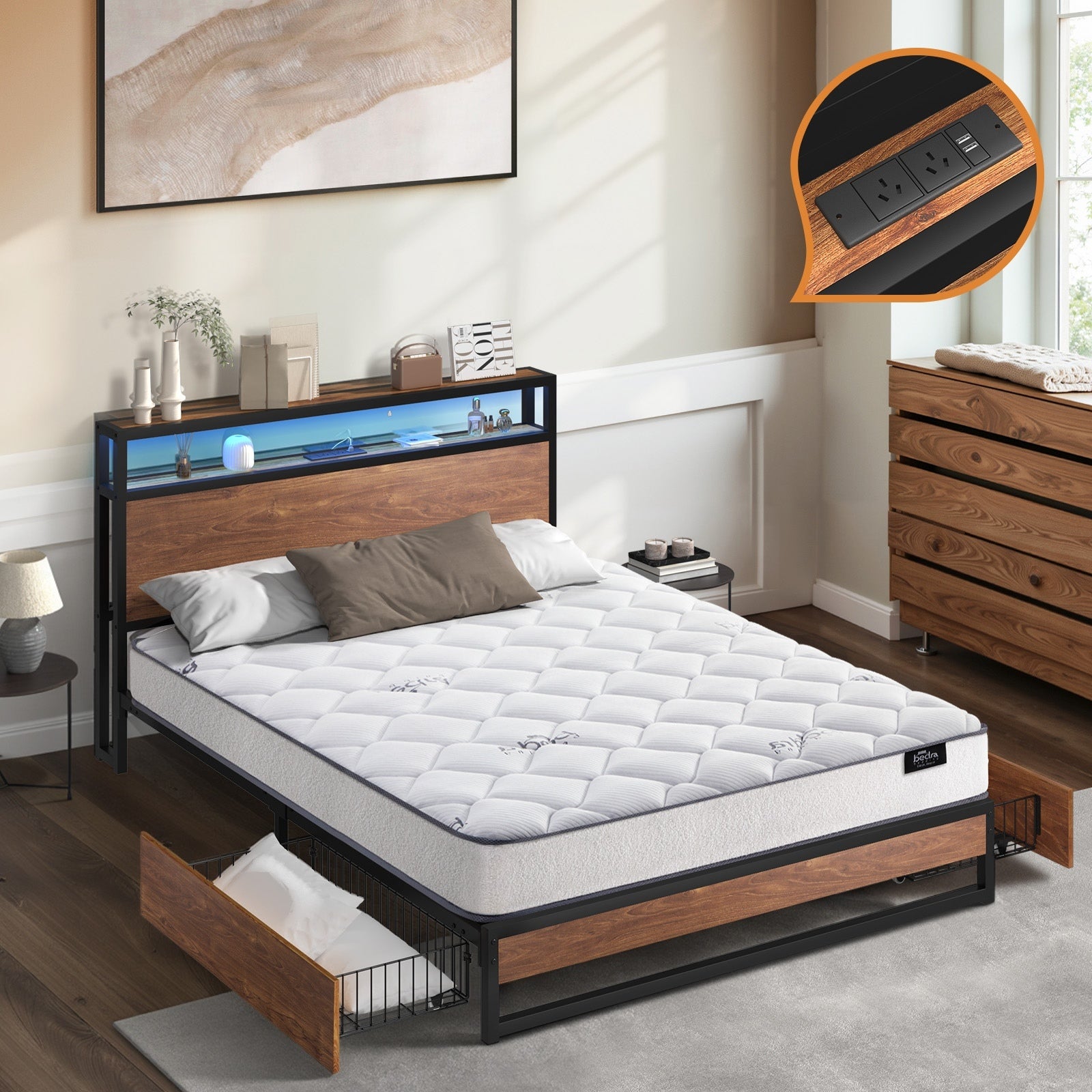 Oikiture Metal Bed Frame Double Size LED Storage USB with Mattress - Sunyee